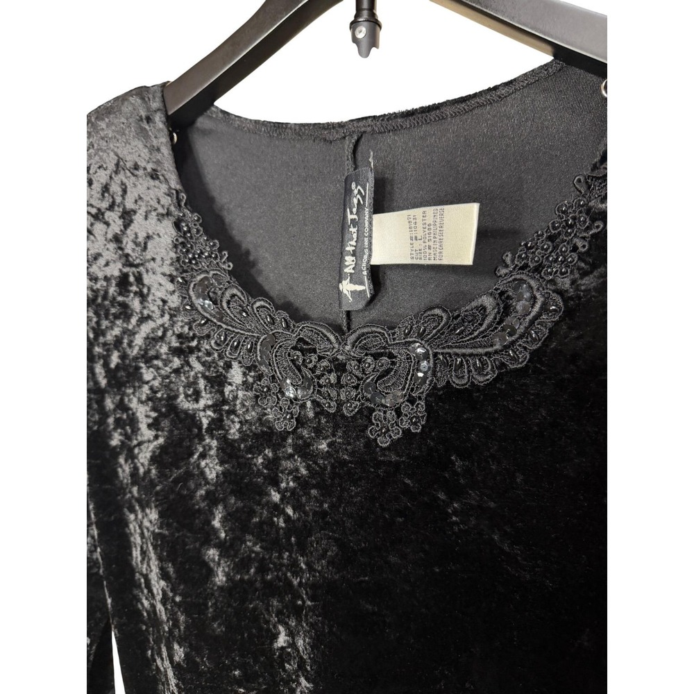 All That Jazz Vintage 90s Black Crushed Velvet Mini Dress Lace Sequin M - Picture 3 of 5